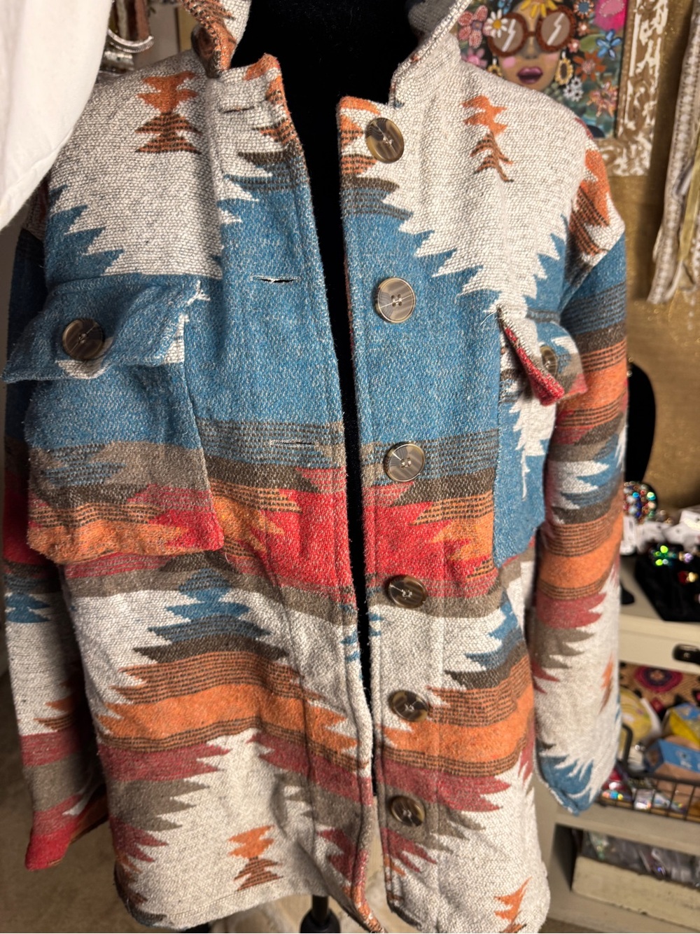 Womens Aztec Patterned Button-Front Jacket - Multicolor - Picture 3 of 8